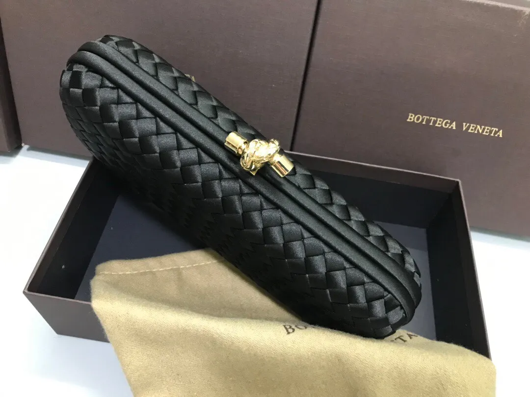 Style No. 8651, upgraded version of full silk evening bag inside and outside~~~INTRECCIATO woven IMPERO STRETCH KNOT clutch bag, hand-woven silk, smooth satin piping, Intrecciato engraved metal buckle, silk satin lining. Large size: 25cm*10cm*5cm